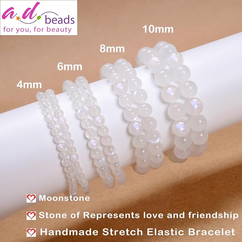 AD Beads Handmade Gemstone Stretch Elastic Bracelet Crystal Healing Reiki Nature's Beauty and Spiritual Essence Unisex (4mm, Moonstone (love and friendship))