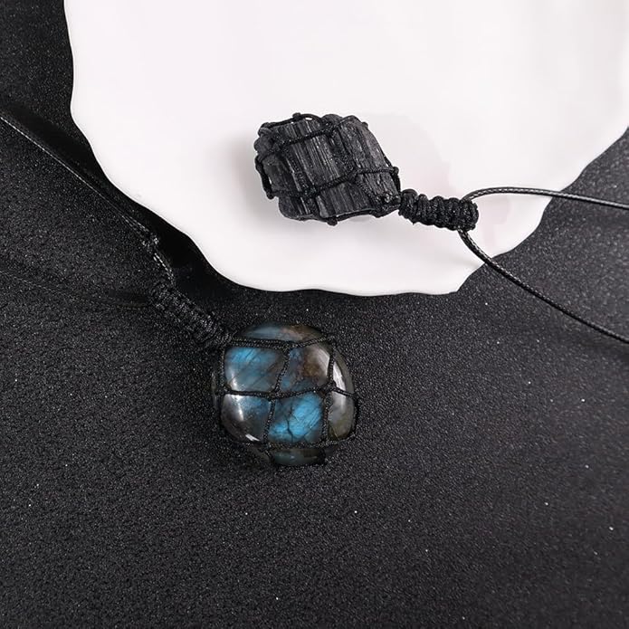 Handmade Natural Gemstone Crystal Pendant Necklace Stone Holder Necklace Cord Net Necklace with Adjustable Length for Women Men