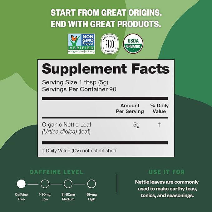 FGO Organic Nettle Leaf Loose Tea, Cut and Sifted, Caffeine Free, 16oz Bulk Resealable Bag, Packaging May Vary (Pack of 1)