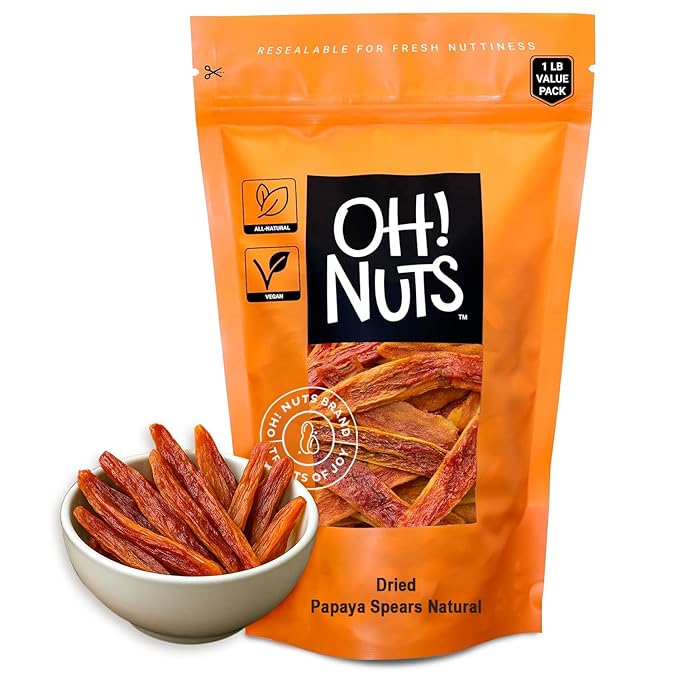 Oh! Nuts Dried Papaya Spears Natural - 1LB - Organic Unsweetened Dried Papaya Spears - Dehydrated Fruit Bites - Packed in New York Zip-Seal Bag for Exceptional Freshness