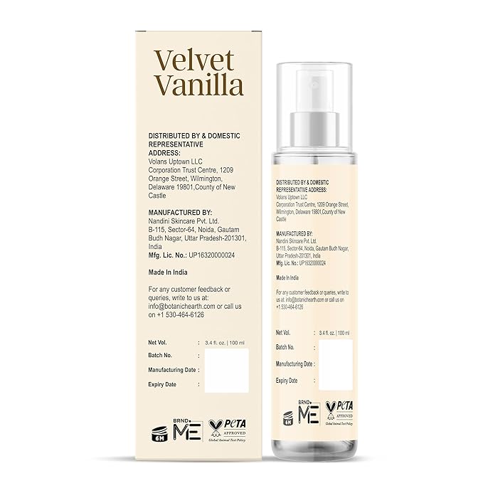 Botanic Hearth Velvet Vanilla Hair & Body Perfume Mist with Hyaluronic Acid, Alcohol-Free Formula, Long Lasting Fresh Vanilla Scent, Lightweight Body Spray for Women & Men, 3.4 fl oz / 100 ml