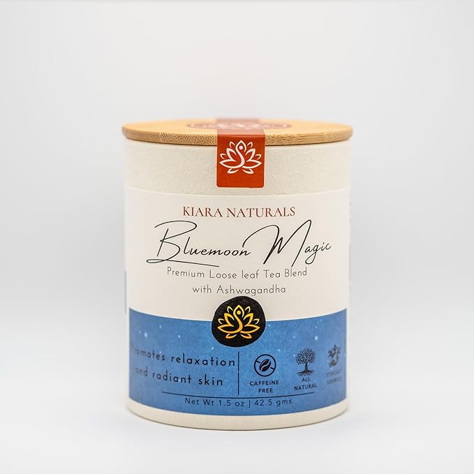 Kiara Naturals Loose Leaf Herbal Tea, BlueMoon Magic - 1 Count, Caffeine Free, Ayurveda-Inspired, Sustainable Packaging, Teal-Blue Infusion, Hot or Iced Tea, Relaxation, Stress Relief, Wellness