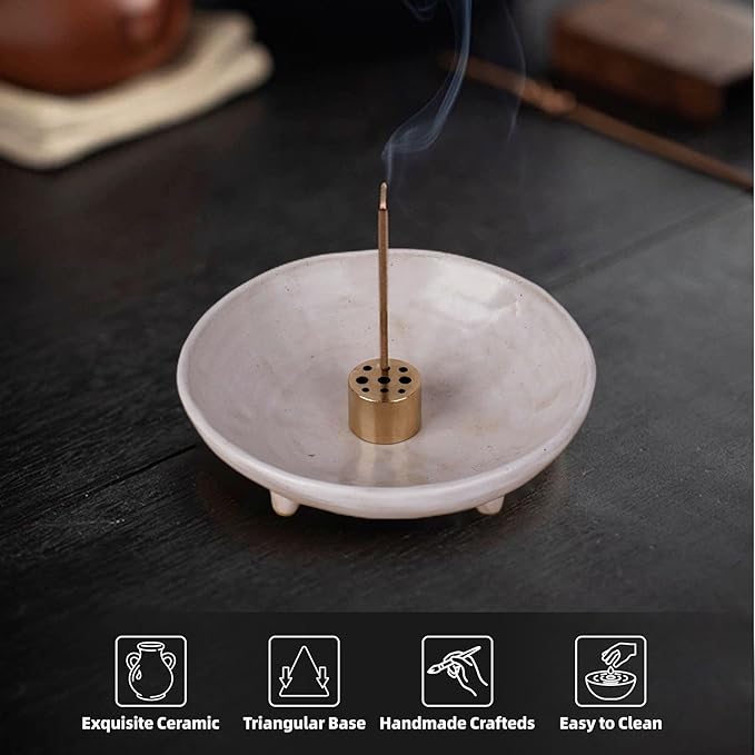 Incense Holder, Handmade Ceramic Incense Burner, 4.25-Inch Bowl with 9-Hole Design, Tripod Stability, Ash Catcher, Ideal for Meditation, Yoga, SPA, Heat-Resistant & Easy to Clean (White)