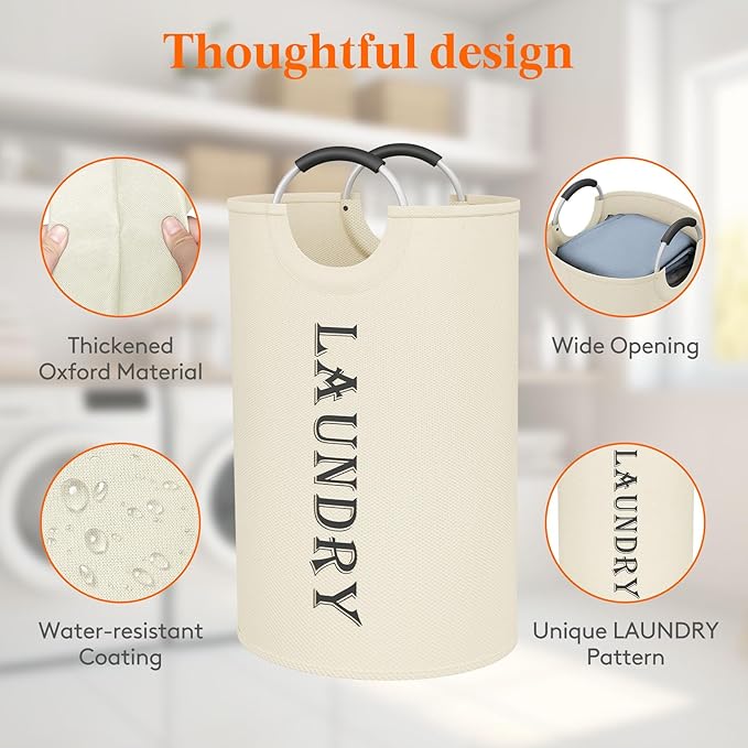 Lifewit 120L 2-Pack Large Laundry Basket, Collapsible Laundry Hamper with Aluminum Handles, Waterproof Freestanding Dirty Clothes Hampers for Laundry Room Bedroom Dorm Bathroom, White