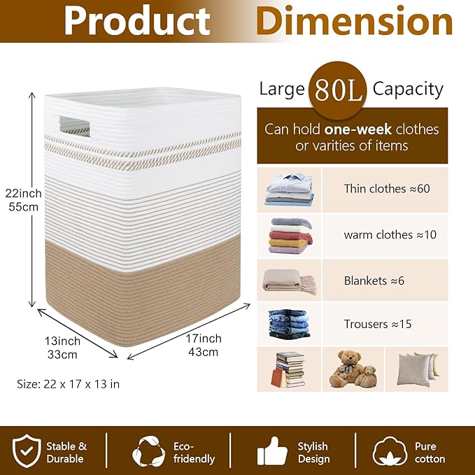 Laundry Hamper, Large Woven Rope Tall Laundry Basket with Handles, 22" X 17" X 13", Decorative Storage Basket for Clothes and Blankets in Living room, Bedroom, Jute & White