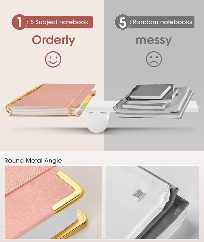 Hardcover Spiral Notebook journal with Removable Dividers Tabs, 300 Pages Leather 5 Subject Notebook College Ruled, 100GMS A5 Notebooks for Work School Note taking,Lined Journal for Women,A5-Pink