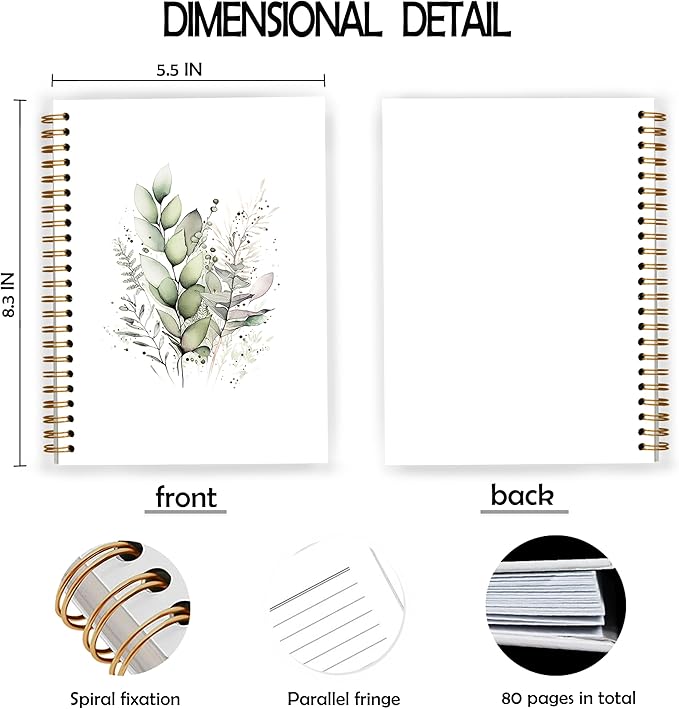 Boho Sage Green Floral Spiral Notebook, Green Eucalyptus Botanical Notebooks for Note Taking, Floral Flower Aesthetic Journal for Women, 5.5x8.3 Inch