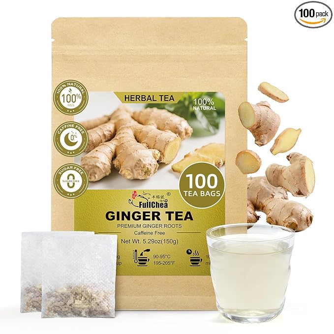 FullChea - Ginger Tea Bags, 1.5g*100 Counts - Pure Ginger Root Tea to Soothe & Invigorate - Non-GMO, Caffeine-Free, Support Digestion & Boost Immunity