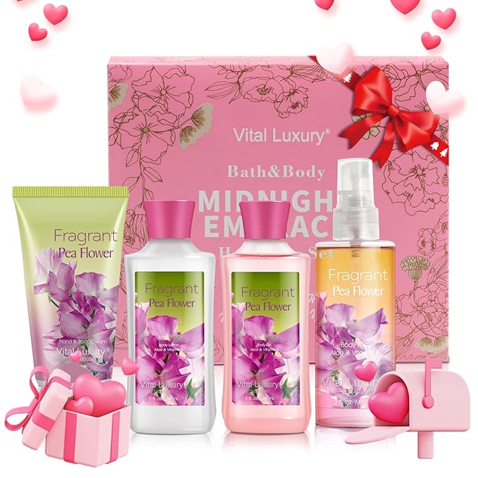 Sweet Pea Bath & Body Kit, 3 Fl Oz, Ideal Skincare Gift Home Spa Set, Includes Body Lotion, Shower Gel, Body Cream, and Fragrance Mist, Birthday Mother's Valentine's Day Gifts for Her