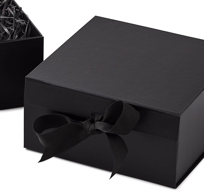 Hallmark Medium Gift Boxes with Bow and Shredded Paper Fill, Pack of 2 (Black 8 inch Box) for Weddings, Graduations, Birthdays, Father's Day, Groomsmen Gifts, All Occasion