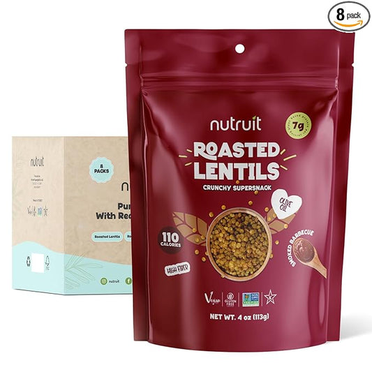 Nutruit Roasted Lentil Snacks - Tasty Snack Box with Vegan, Gluten Free, Non-GMO, High Protein, Low Calorie, Healthy On-The-Go Low Calorie Lentils Snacks - 4oz Packs (8-Pack Box) (8 Pack, Barbecue)