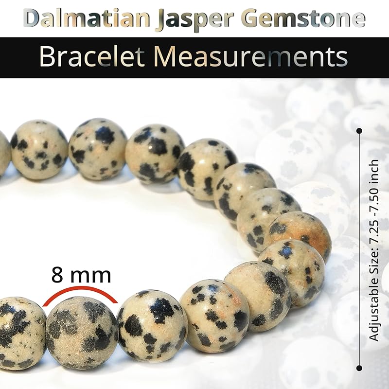 Dalmatian Jasper Bracelet, Healing Crystal Bracelet for Women and Men, 8mm Round Beaded Bracelet for Spiritual Healing, Protection, Positive Energy, Elastic Adjustable Size Gemstone Bead Bracelet