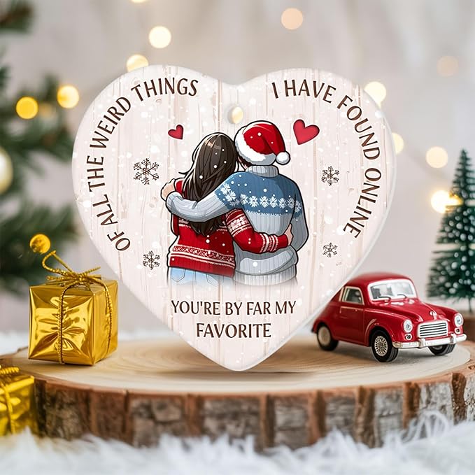 34HD Couple Gifts for Christmas, Couple Ornament for Christmas Tree Ceramic 2 Side Printed, Soulmate Partners Together Decor, Xmas Birthday Gifts for Him, Her