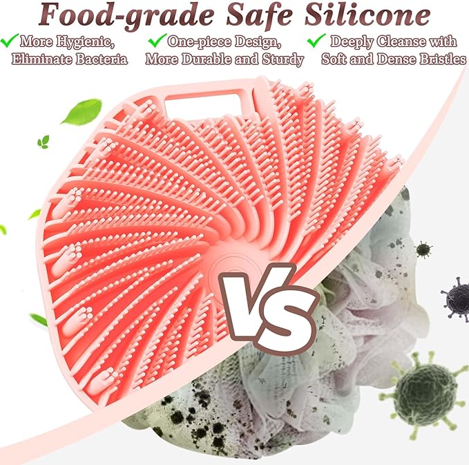 Manmihealth Silicone Back Scrubber & Soft Bath Glove Set 4 PCS(Thin Bristles), Super-Exfoliating Body Scrubber & Super-Lathering Shower Face Brush Combination, with 2 Free Hooks (Pink)