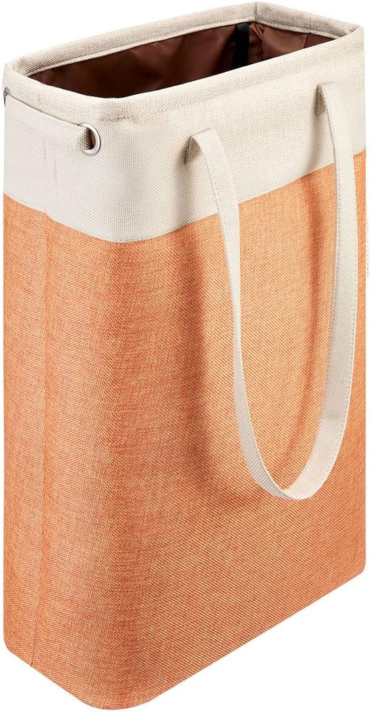 i BKGOO Laundry Basket with Handles Beige&Orange Slim Laundry Bin Collapsible Dirty Clothes Basket Narrow Laundry Bag Foldable Dirty Hamper for Camping, Dorms, Apartments