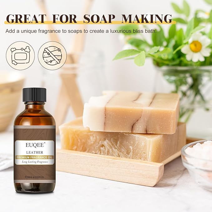 EUQEE Leather Fragrance Oils, 2.02 Fl oz/ 60ml Essential Oils for Diffuser, Candle Making, DIY Soap with Glass Dropper