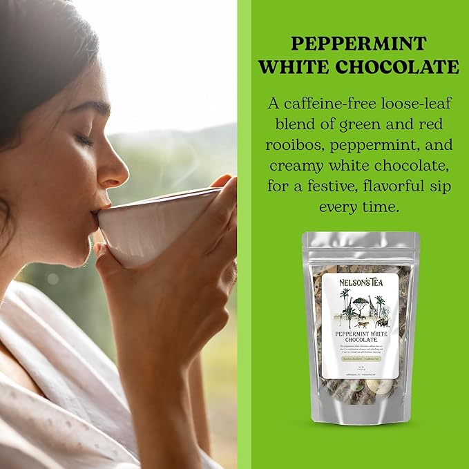 Nelson's Tea - Peppermint White Chocolate - Caffeine Free - Loose Leaf Tea with Green & Red Rooibos - White Chocolate Peppermint Tea (2 oz)