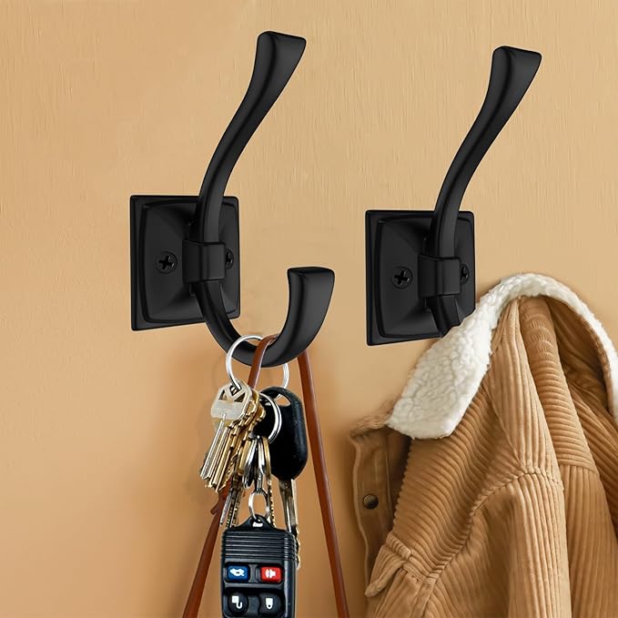 2 Pack Antique Black Coat Robe Hooks for Wall Hanging Hat, Key, Bag, Robe, Towel, Mudroom Hook Entrance Bathroom Door Decorative Heavy Duty Hats Hanger