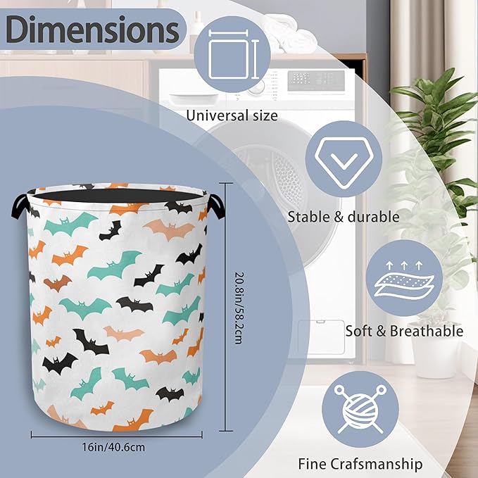 Colorful Bats Laundry Basket,Halloween Foldable with Handles Tote Bag Oxford Cloth for Bathroom Bedroom Dirty Clothes Storage Bucket 16" x 20.8"