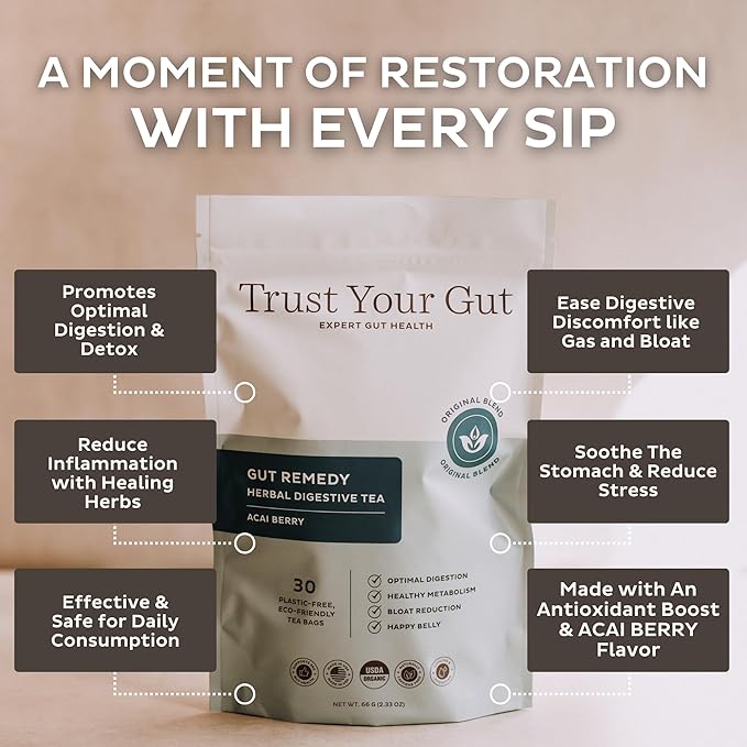 Trust Your Gut Organic Herbal Tea Blend with Lemon Balm, Holy Basil, Dandelion, Ginger Root – Liver Detox, Digestion & Gut Health Support, Gas Bloating Relief – Apple Cider, 30 Bags