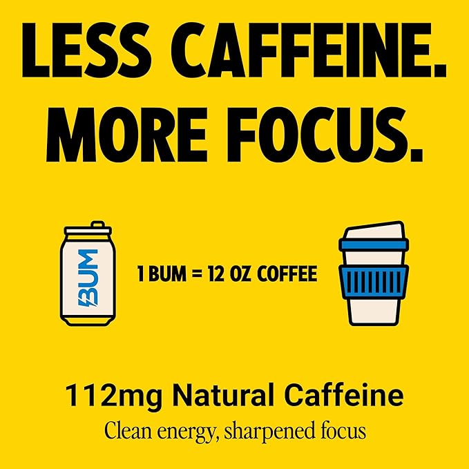 BUM Sugar-Free Energy Drink, Blueberry Lemonade - Lightly Carbonated & No Artificial Colors, Natural Caffeine & Citicoline for Energy & Focus, Brain Boost & Workout Sports Beverage - 12 oz, Pack of 12