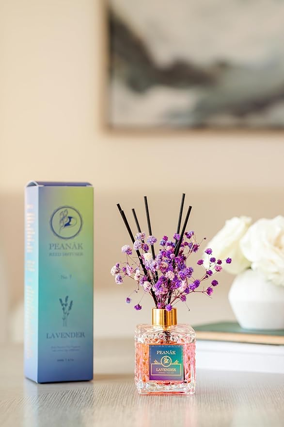 PEANÄK Reed Diffuser Set - French Lavender Fragrance 6.7oz (200 ml) - 2 Pack Real Preserved Flowers & Reed Sticks for Home & Office Bathroom Shelf Décor with Long Lasting Gift Scents