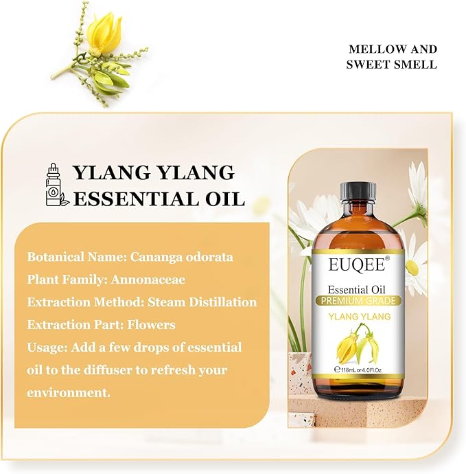 EUQEE Ylang Ylang Essential Oil 118ml with Glass Dropper, Pure Ylang Ylang Oil for Diffuser, Candle Making - 4 Fl.Oz