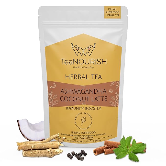 TeaNOURISH Ashwagandha Coconut Latte | CAFFEINE-FREE Herbal Tea | Indian Superfoods Ashwagandha & Coconut | Relieves Stress and Supports Immunity | 100% NATURAL - 3.53oz/100g
