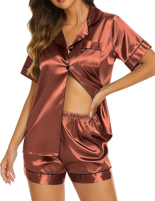 Ekouaer Silk Pajamas for Women Short Sleeve Sleepwear Soft Button Down Loungewear 2 Piece Satin Pjs Shorts Set S-XXL