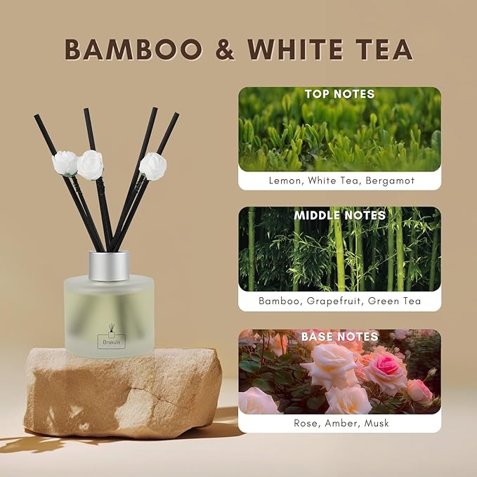 Brakula Reed Diffuser Set, Bamboo White Tea Scented， Reed diffusers for Home， Home Fragrance Diffuser with 7 Reed Sticks for Room/Bathroom Decor 3.38 fl oz (100 ml) (Bamboo White Tea)