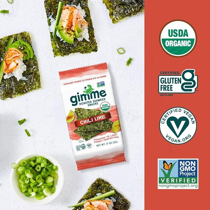 Gimme Seaweed Organic Premium Roasted Seaweed Snacks, Chili Lime, 20 Count, Keto, Vegan, Gluten-Free, Great Source of Omega3s and Iodine, Healthy On-The-Go Snack for Kids and Adults