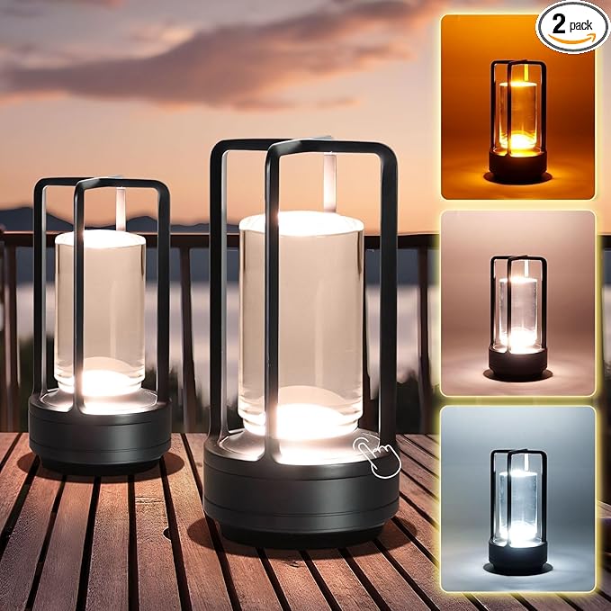 Crystal Lantern Lights Set of 2, Czgor Battery Operated Rechargeable Cordless Crystal Table Lamp with 3-Color, Small LED Desk Lamp for Indoor/Outdoor Patio Camping Bedroom Bar Restaurant(Black)