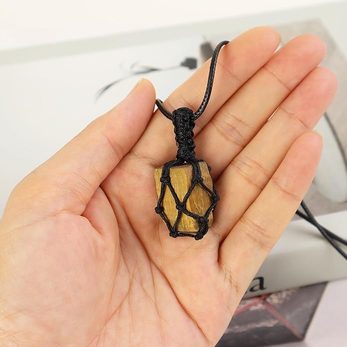 Handmade Natural Gemstone Crystal Pendant Necklace Stone Holder Necklace Cord Net Necklace with Adjustable Length for Women Men