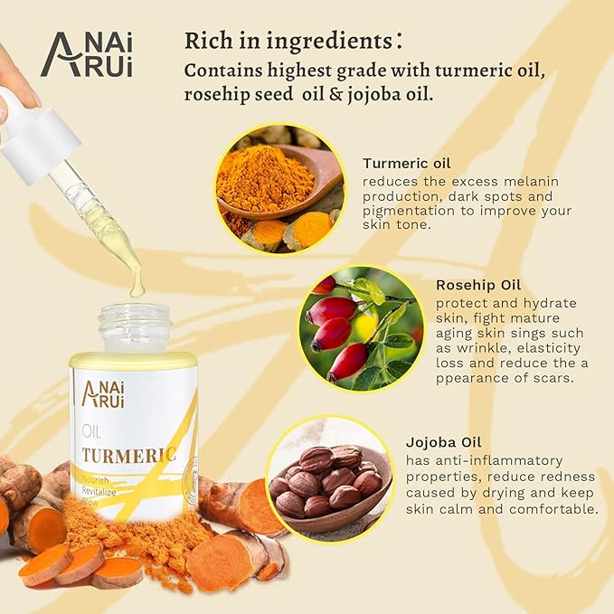 ANAI RUI Turmeric Face Oil, Facial Oils & Serum with Turmeric, Turmeric Skincare Oil for Dry Skin, Wrinkles, Acne, Evens Tone, Moisturizing Face Oil 1.06OZ