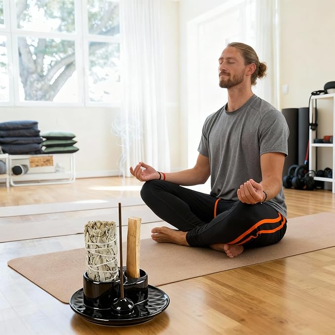 Palo Santo Sticks Holder, Multi-Purpose Handmade Ceramic Incense Burner for Palo Santo Incense Sticks, Sage Holder for Burning, Ash Catcher Tray for Meditation Yoga Room (Black)