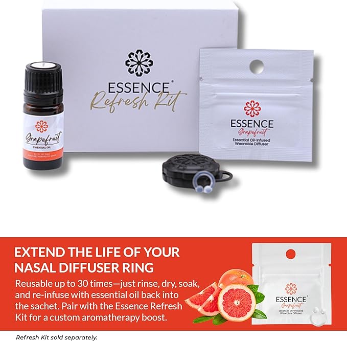 Essence Wearable Aromatherapy Nasal Diffuser – Grapefruit Essential Oil Nose Ring Silicone Inhaler for Stress & Mood Support - Made in USA & Travel-Friendly (3 Pack)