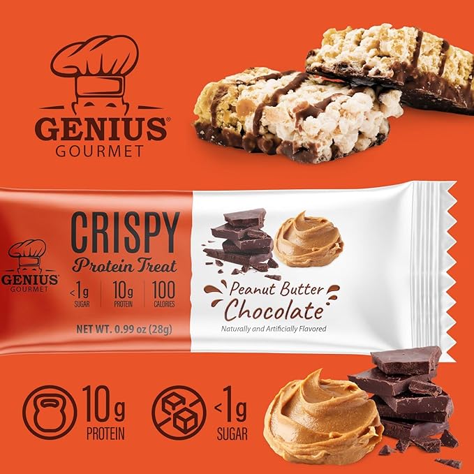 Genius Gourmet Crispy Protein Treat, Chocolate Peanut Butter, Keto Snack, Low Carb, Low Sugar & Gluten Free, Protein Snacks for Adults, 10G of Whey Protein per Protein Bar, 5 Net Carbs, 10 CT