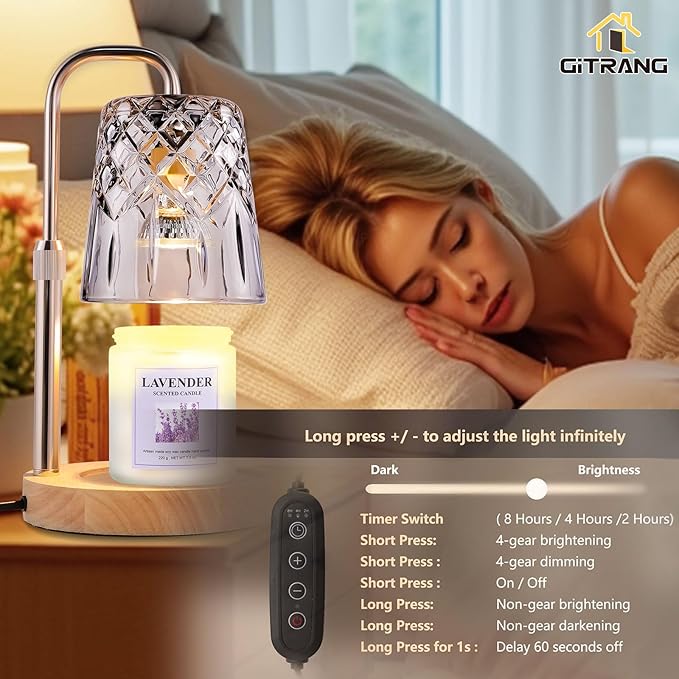 Candle Warming Lamp with Timer Dimmer, Adjustable Height Electric Wax Melt Warmer for Jar Candles with 3 Bulbs, Mother's Day Women's Home Decor Gift, Round Base with Champagne Color Pole