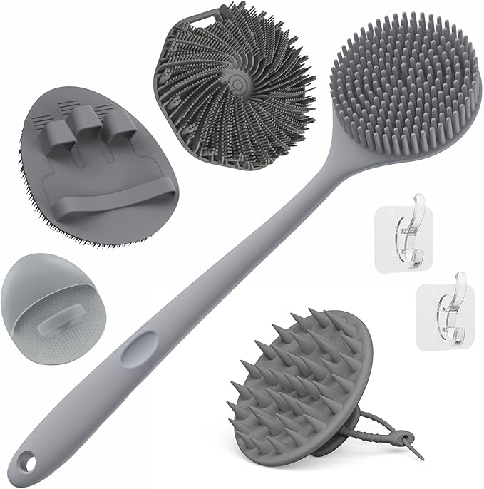Manmihealth Silicone Back Scrubber & Soft Bath Glove, Silicone Scalp Massager Set 5 PCS, Super-Exfoliating Body Scrubber Shower Brush & Shampoo Brush Combination, with 2 Free Hooks (Style 1 Gray)