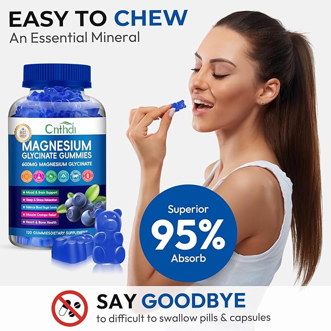 Magnesium Glycinate Gummies 600mg, Sugar Free Chewable Magnesium Gummies for Adults & Kids Relaxation, Stress Relief, Night Rest, No Melatonin, Gluten Free, Non GMO, Vegan, Pectin, 120 Count