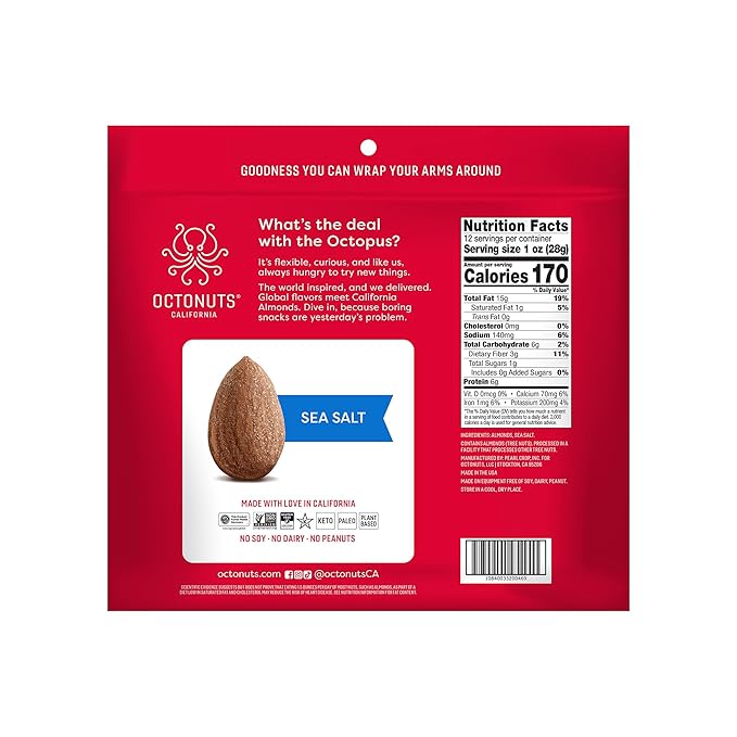 Octonuts Sea Salt Almonds – 12 Individually Wrapped Snack Packs (1oz Each), Healthy Snacks for Adults and Kids, Non-GMO, Keto and Gluten-Free, Roasted in Cold Pressed Olive Oil