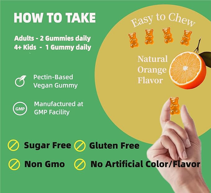 Magnesium Glycinate Gummies for Adults & Kids, 1000mg High Absorption Magnesium Complex Supplement, Sugar Free with Potassium,Vitamin D&B6 for Calm, Better Sleep - 90 Counts Orange