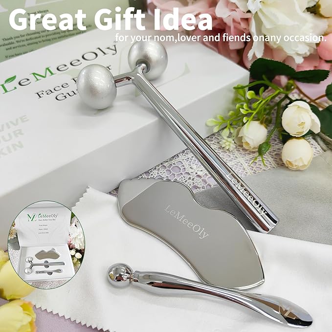 2Pcs Gua Sha Facial Tools Stainless Steel, Detailer GuaSha Set for Face Neck, Natural Skin Care Metal Gua Sha Lymphatic Drainage Face Massage Tool, Gift for Women (Detail Guasha Set)