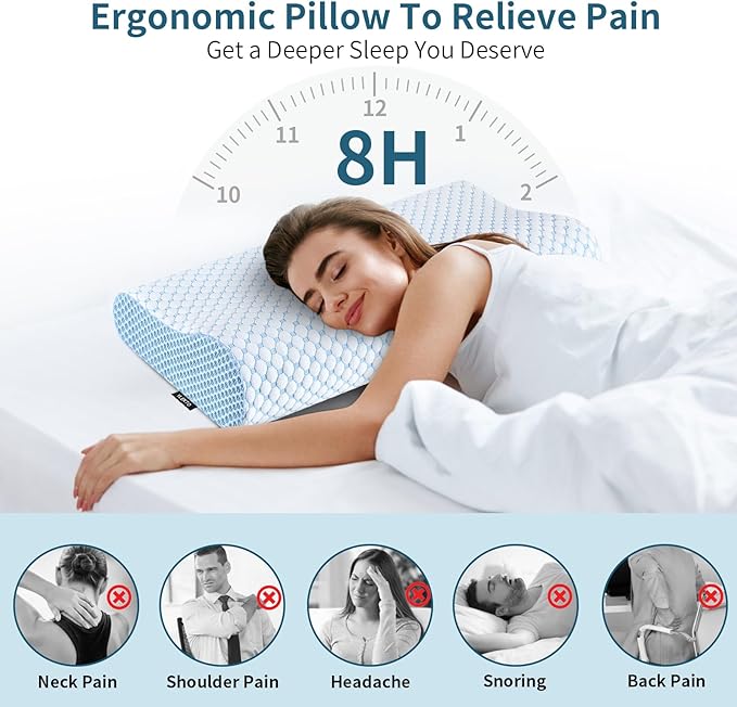 Cervical Pillow for Neck Pain Relief, Contour Memory Foam Pillows for Sleeping, Odorless Ergonomic Pillow Adjustable Orthopedic Cooling Pillow Bed Pillow Neck Support for Side Back Stomach Sleepers