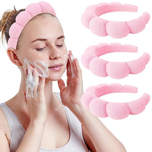 WHAVEL 3 Pack Spa Headband Skincare Headbands, Makeup Headband Sponge Terry Cloth Headbands Face Wash Headband Puffy Hair Band for Washing Face Women Girls (Pink)