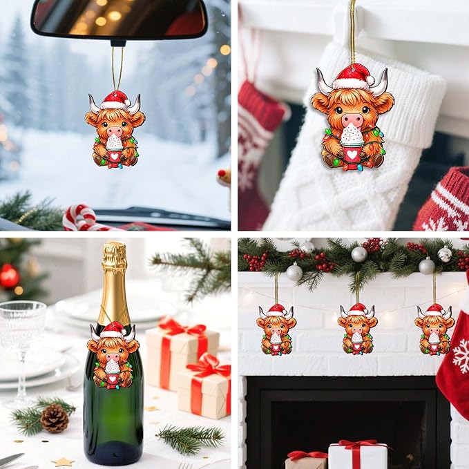 Farmhouse 2 Side Printed Wooden Ornament, Farm Animal Tree Decoration, Baby Highland Cow Ornament, Holiday Hanging Keepsake Gift for Christmas