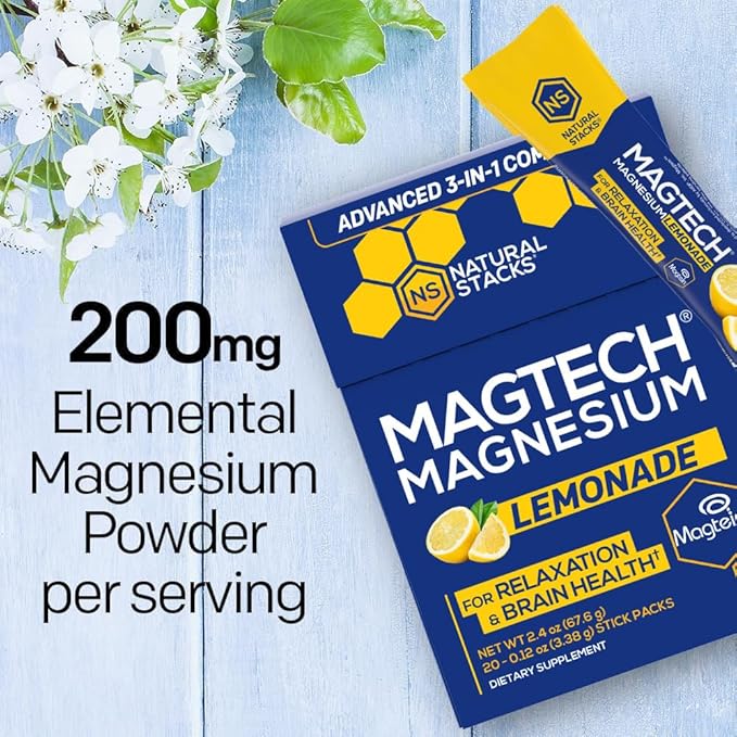 MagTech Magnesium Drink Mix - Sugar Free Lemonade - 3 Forms of Magnesium: Magtein L-Threonate, Glycinate & Taurate - 200mg Chelated Magnesium Complex - Supports Relaxation & Brain Health - 20 Servings