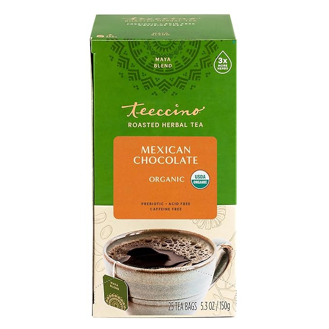 Teeccino Mexican Chocolate Herbal Tea - Rich & Roasted Herbal Tea That’s Caffeine Free & Prebiotic for Natural Energy, 25 Tea Bags