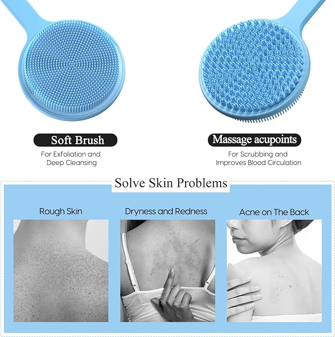 VWMYQ Silicone Back Scrubber for Shower, 17in Lengthen Long Handle Body Brush, Double Sided Shower Brush for Shower Exfoliating and Massage Can Produce Rich Foam, Long Handle Back Scrubber for Men