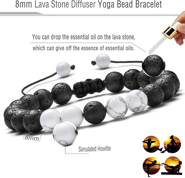 Hamoery Men Women 8mm Lava Rock Aromatherapy Anxiety Essential Oil Diffuser Bracelet Braided Rope Natural Stone Yoga Gifts Beads Bracelet Bangle-21017